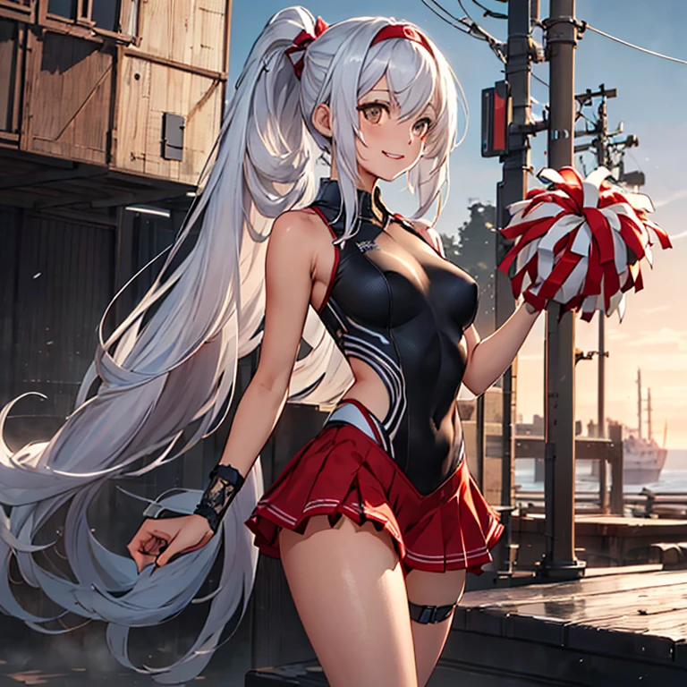 shoukaku_kantaicollection,long_hair, hairband, white_hair, brown_eyes,ponytail,(masterpiece:1.4), (best quality:1.4), (high quality:1.4), (detailed:1.4), (ultra detailed:1.4),(hyper detailed:1.4),(insanely detailed:1.4), (exquisite:1.4),(beautiful:1.4), art CG,8K, ,full body,1girl,solo,happy smile, full body,Cheerleader costume