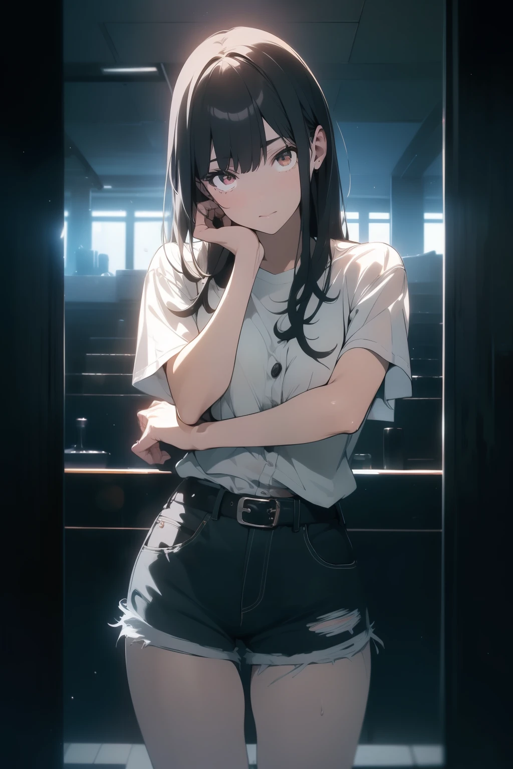 (((Obra maestra, La mejor calidad, ultrahigh resolution))), ((expressive brown eyes)), a clear view of a happy looking girl standing in a club waiting for someone)), (white-shirt, jean shorts, belt, black hair, long dark black hair), pale skin, ((brown eyes)), (glowing_eyes), ((centered)), ((wide shot)), facing viewer, ((indoor , purple and black lights, black dancing silhouettes:0.9)), medium breasts, looking at viewer, ((perfect hands)), (((head:1, arms, hands, elbows, thighs, in view))), lively eyes, beautiful lighting, background, ((defined subject)), 25 years old, (head tilt), (((cool))), ((lively)), (((reserved pose))), ((perfect anatomy))
