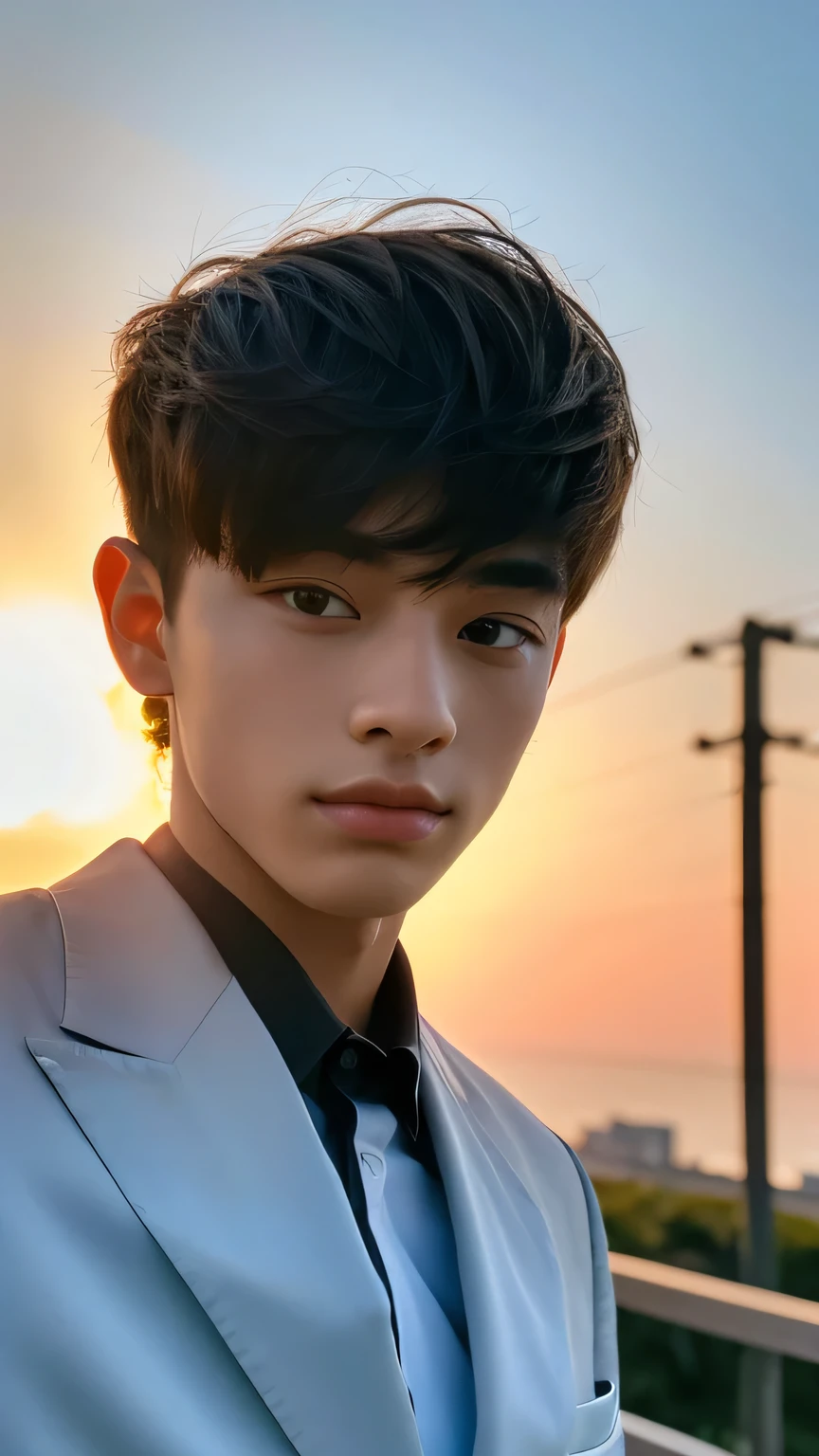 Highest quality, masterpiece, Ultra-high resolution, (Realistic: 1.4), Original photo, wallpaper, Head Photo, skin, Simple Background, Iris, detailed, Selfie, 1 boy, 18-year-old, good looking, Wind,suit、Sunset