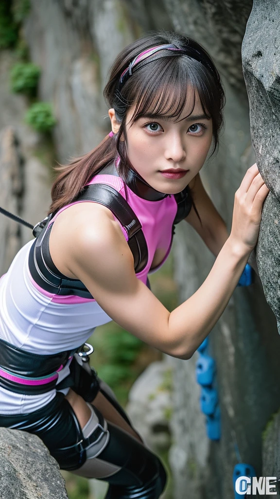 (masterpiece, ultra-detailed, ultra-realistic, best quality, clear focus, photorealistic), (ultra-high resolution, 8k, 16k:1.3), (full body:1.3), very wide shot, perfect anatomy, perfect face, (detailed face, detailed eye:1.3), Japanese idol, rock climber, (wearing extremely tight fitting very cyber punk neon colored rock climber's outfits made of very thick glossy leather:1.2), (professional climbing equipment with black harness:1.3), (very large breasts:1.3), slim waist, (extra-long pink hair, wet hair), (very beautiful with very cute face), (bad girl:1.2), (eyeliner:1.3), (girl is climbing the highest rock mountain:1.4), (dynamic angle, dynamic pose:1.2), (very glamorous but extremely muscular body), extremely broad shoulders, (face focus:1.3), amazing view of mountain and volley with lake, (A precipitous cliff and a precipice of death:1.2)
