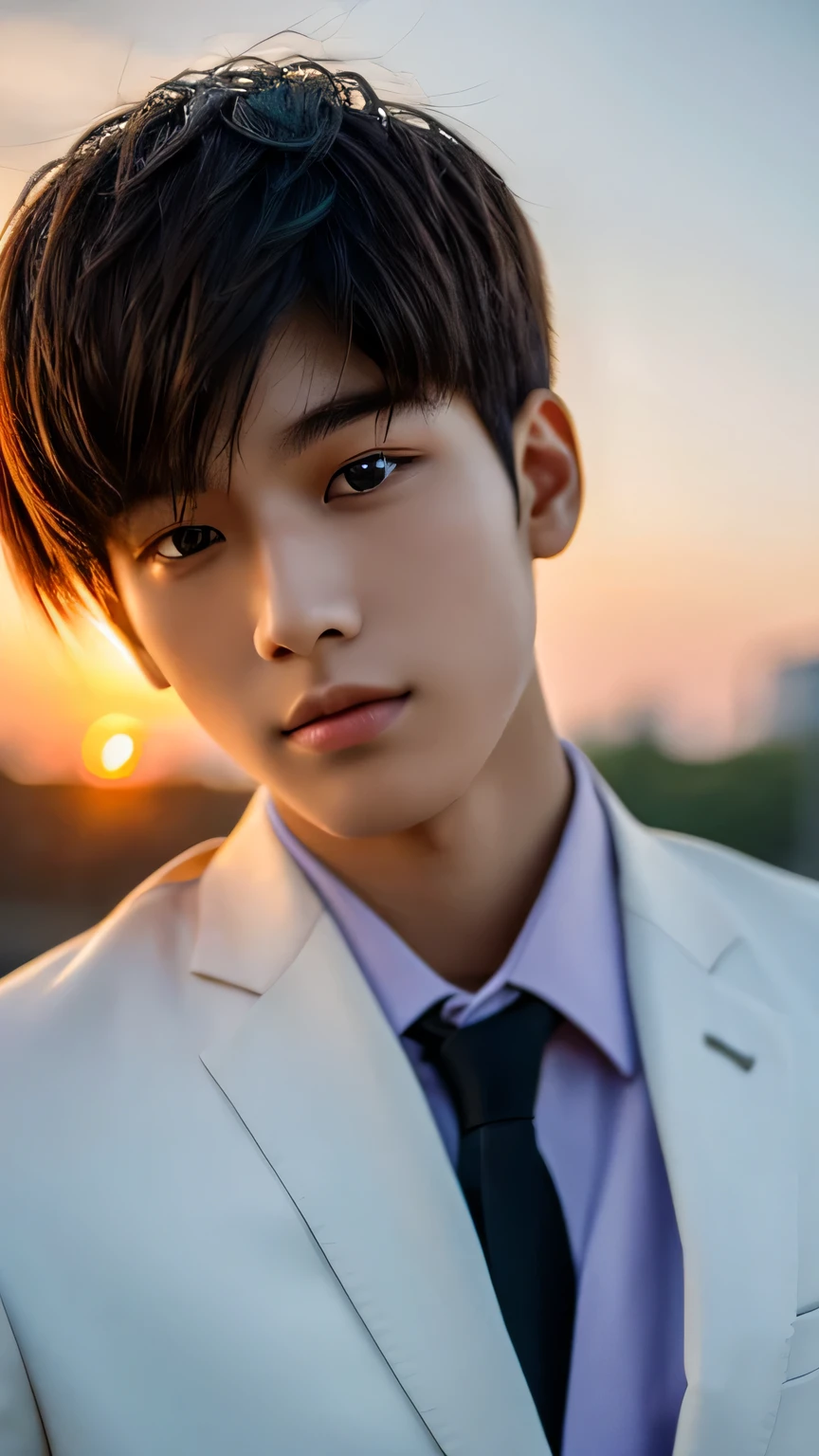 Highest quality, masterpiece, Ultra-high resolution, (Realistic: 1.4), Original photo, wallpaper, Head Photo, skin, Simple Background, Iris, detailed, Selfie, 1 boy, 18-year-old, good looking, Wind,suit、Sunset