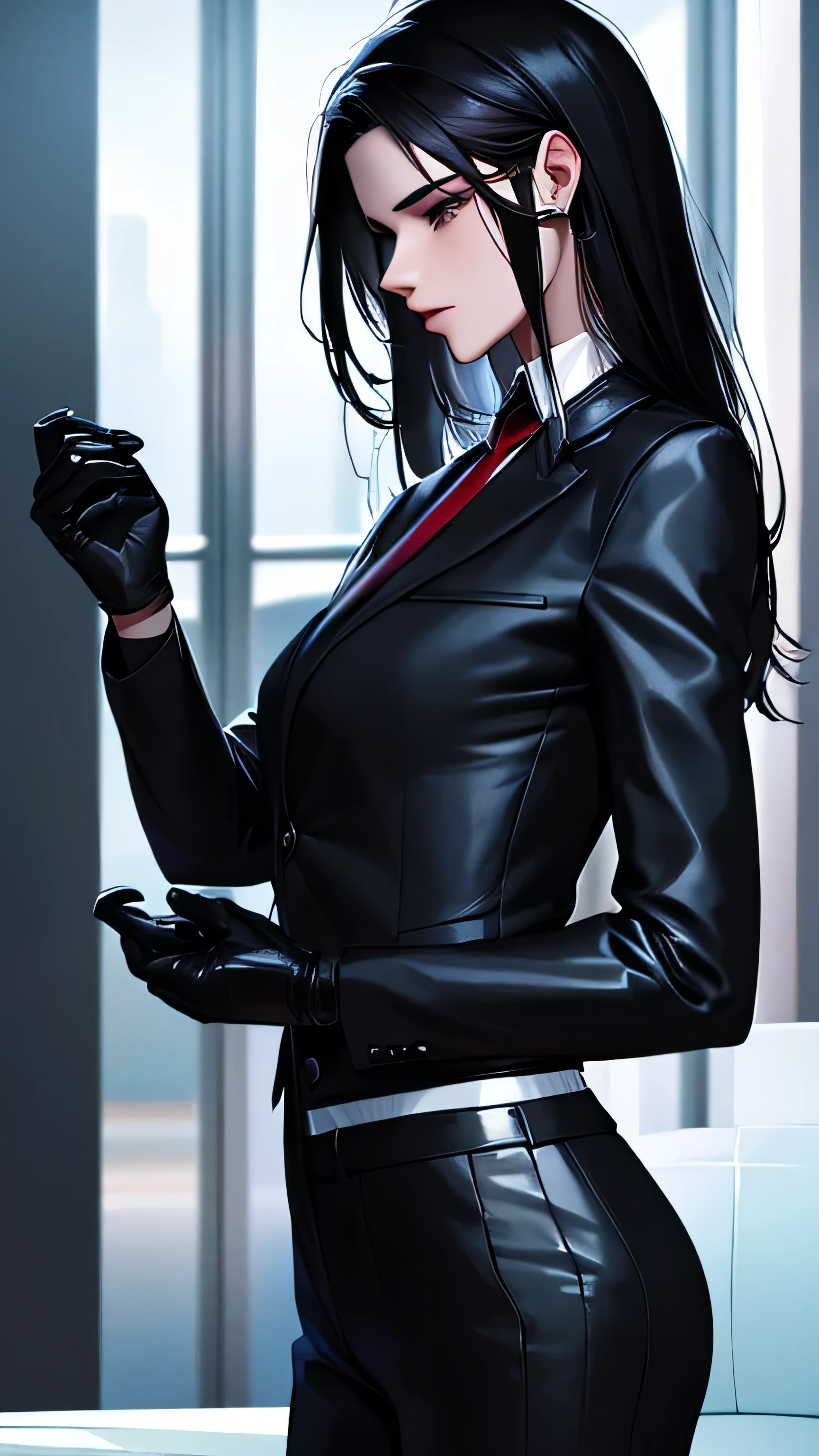 1 girl, 23 years old, long black hair, handsome face, business suit, red tie,long black pants, black leather gloves, high quality, masterpiece