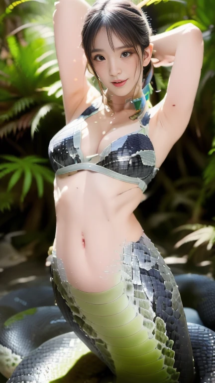 (best quality, masterpiece), 1 girl, It takes, White skin, pretty korean , abdominal exposure, sexy, belly t shirt , lower body long snake tail, 아름다운 소녀 perfect jungle photo, perfect jungle photo