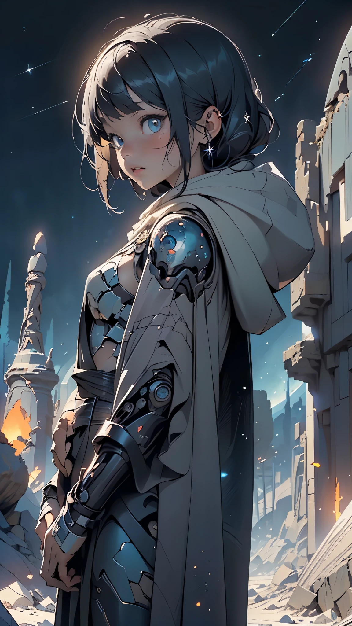 ((robot, cyborg)),((metal mask,robot face)),Shiny metal skin,Mechanical body parts,Mechanical gears and gears, (devoid of mouth), (Meticulous, Surgical precision),two bright eyes,
((wearing dark robes and cloak)),((hooded)),
((Fantastical Bridge Ancient:1.5, dark stone-built, Glowing blue:1.5)),((Starry sky,Unknown constellations)),(Night, Silence,Mystery),((Dark tones in the background)),((broken earth,asteroid field:1.5)),(jagged dark rocks boulders and debris shooting into the air:1.3),Extraterrestrial scenery,dark asteroid belt,surrounded by several dark asteroids glowing with fiery auras, vast and mysterious universe,cosmic landscape,mysterious planet,scenery:1.25,((intricate scenery)),(black background, stars that do not shine, sense of space),
(Glossy Ancient ornaments),highres,sharp focus,(ultra detailed,extremely detailed),(photorealistic artwork:1.37),(extremely detailed CG unity 8k wallpaper),(((vibrant colors,vibrant theme))),(intricate),(masterpiece),(best quality),artistic photography,(photography taken by sldr),(intricate background),((intricate detail)),(((realism))),