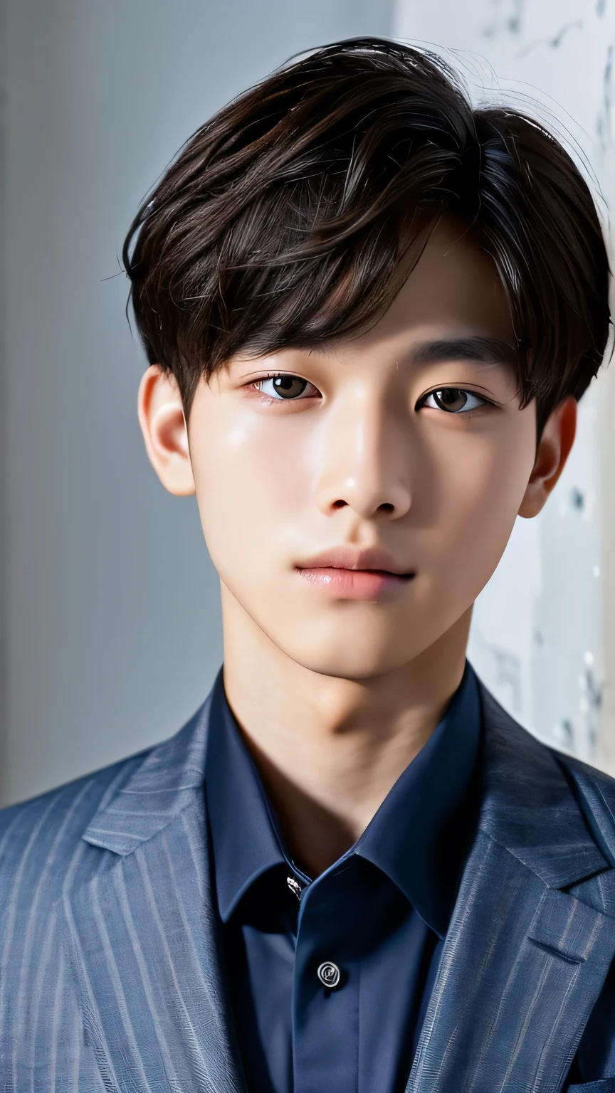 Highest quality, masterpiece, Ultra-high resolution, (Realistic: 1.4), Original photo, wallpaper, Head Photo, skin, Simple Background, Iris, detailed, Selfie, 1 boy, 18-year-old, good looking, Wind,Navy blue suit