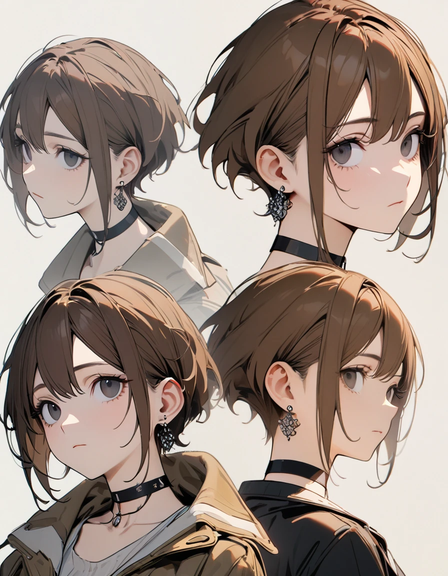 best quality, beautiful, 8K, expressionless, looking back, looking up, side tail, brown hair, black eyes, eyes half-closed, slim, jacket, earrings, choker, boyish, concept