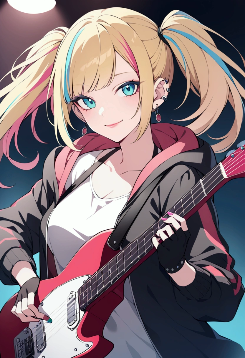 slender, mature female,rating:safe, 1girl, solo, blue_eyes, multicolored_hair, twintails, blonde_hair, over_shoulder, hood, jacket, looking_at_viewer, smile, hood_down, jewelry, streaked_hair, piercing, guitar, ear_piercing, bangs, holding, fingerless_gloves, collarbone, lipstick, hooded_jacket, eyelashes, instrument, earrings, open_jacket, blond_hair, eyeshadow, electric_guitar, hoodie, nail_polish, multicolored, short_hair, open_clothes, aqua_eyes, pink_hair, lips