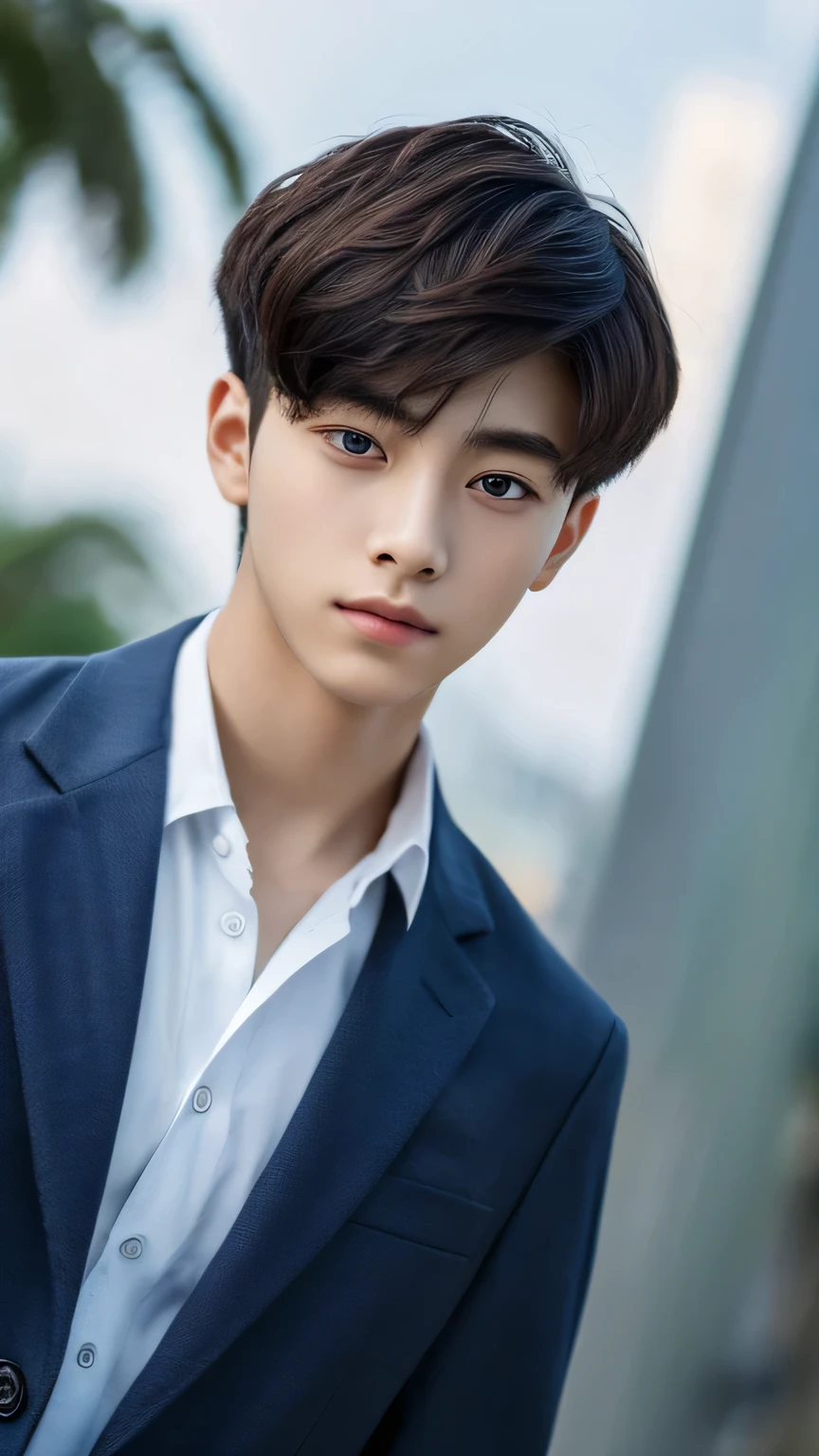 Highest quality, masterpiece, Ultra-high resolution, (Realistic: 1.4), Original photo, wallpaper, Head Photo, skin, Simple Background, Iris, detailed, Selfie, 1 boy, 18-year-old, good looking, Wind,Navy blue suit