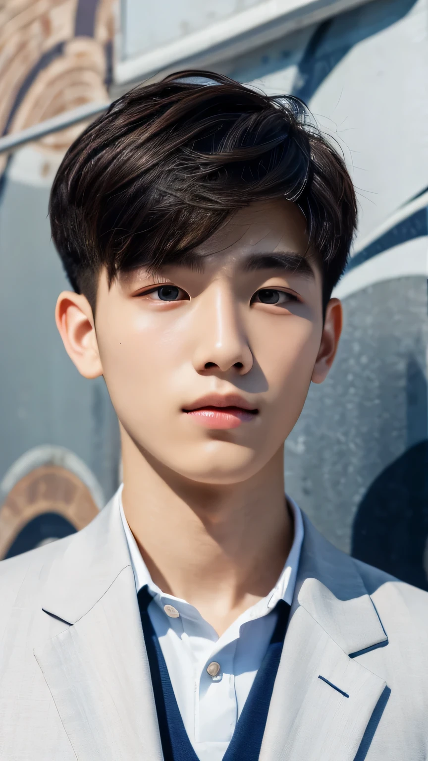 Highest quality, masterpiece, Ultra-high resolution, (Realistic: 1.4), Original photo, wallpaper, Head Photo, skin, Simple Background, Iris, detailed, Selfie, 1 boy, 18-year-old, good looking, Wind,Navy blue suit
