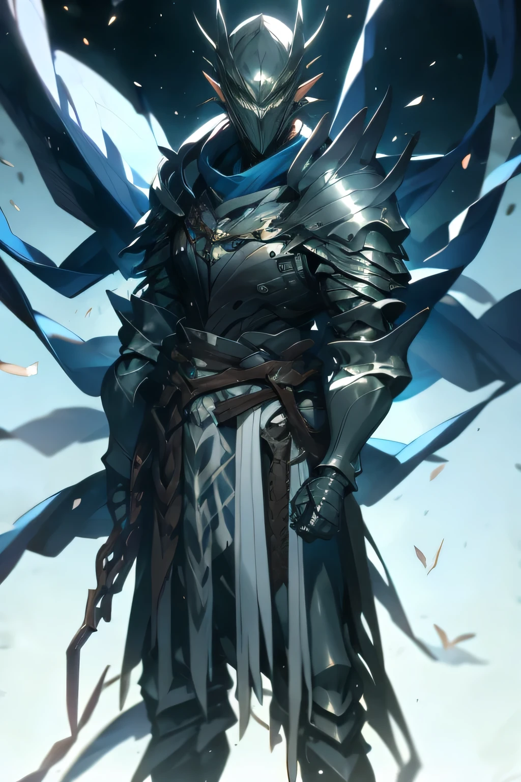 man, blond hair, short hair, green eyes, wears a mask that covers his entire face, only leaving his eyes and ears showing and his hair is also showing, pointy ears, wears a blue cloak with a contrasting black and has a symbol of a dragon with a white sword on it, he wears armor on his waist, the scene is a field full of swords