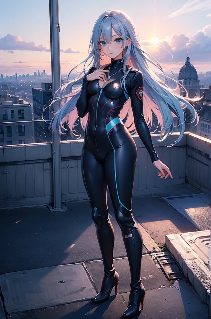 ((Biologically correct limb count)),(( From head to toe,Full-body photo including face)),4K,((Standing position)),masterpiece,((Focus on the face)),((Symmetrical facial features)),Eyes with detailed description,Beautiful woman,Great style,Beautiful arms,Beautiful legs,Beautiful Hands,(Small Ass,Thin thighs),Detailed depiction of the face,Small earrings,necklace,(Tight Suit,((High heel long boots))),((evening,Looking out at the city from the school rooftop)),(((blue blonde))),Realistic photo,Looking back