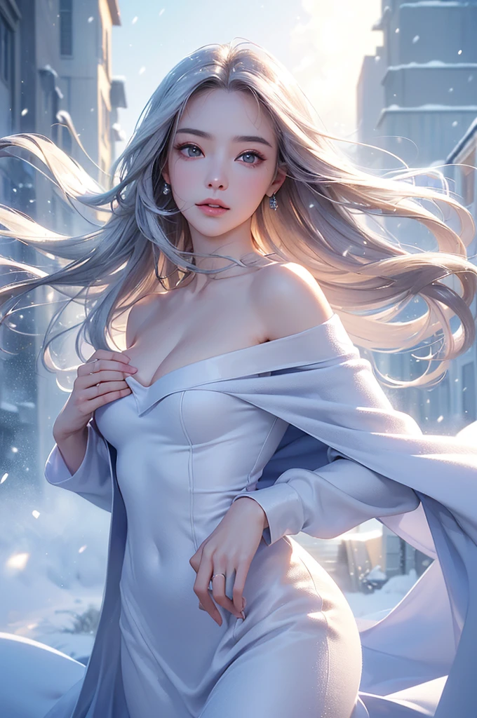 ((masterpiece:1.5、8k、Portraiture、フォトリアリスティックでVery detailedなCG、Very detailed、Particle Effects、Dynamic Effects、Shallow depth of field、Cinematic Light、Lens flare、Ray Tracing、Tabletop、Realistic:1.4、Ultra-high resolution:1.2、Realistic、Realistic))((alone、,A woman wearing a cashmere coat over an off-the-shoulder dress:1.4、Elegant woman posing、Detailed face、bright表情、young, bright, Whiter skin、Ample breasts、Best Looks、Ultimate beauty、Shiny silver hair with highlights、bright and shiny hair,、Super long, Silky straight hair、Hair dancing in the wind))(morning、The setting is outdoors in the snow、Surrounded by illuminations)