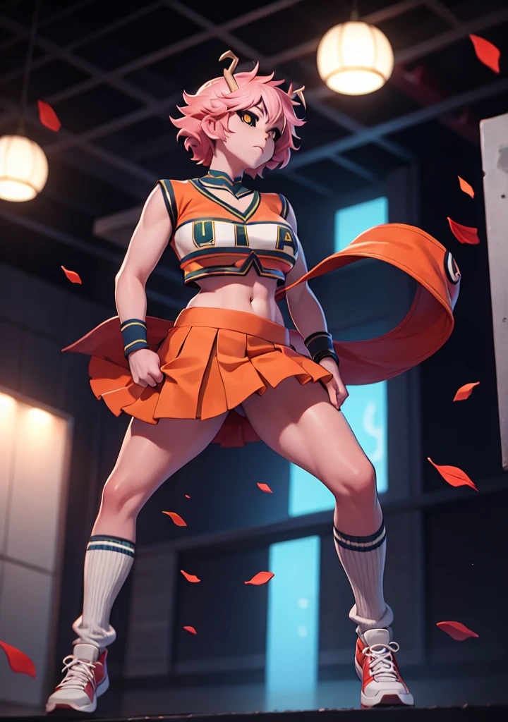 mina ashido, 1girl, solo, looking at viewer, short hair, simple background, yellow eyes, pink hair, horns, colored skin, colored sclera, black sclera, pink skin, U.A. CheerUniform, orange skirt, (bare belly), perfect shading, bare shoulders, big breasts