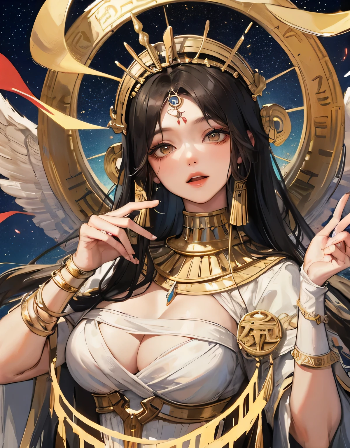 nut, Ancient Egyptian God, ((Goddess of the Sky)) The embodiment of the starry sky, Goddess of Death, Mother of all stars, Lord of All, One of the nine Egyptian gods, Guardian of the Pharaoh's Tomb and Coffin, Background Sky, (Mother, wife), With lots of kids, Mature Woman, Red eyes, ((Super huge breasts, Plump butt)), (Exquisite Egyptian ornaments), Egyptian Style, Rich in meat quality and texture, Fascinating visual enjoyment, ((Highest quality)), (masterpiece), (masterpiece) , Maximum definition, figure, (Highly detailed face), (Perfect Face), Clear texture, Ultra HD detailed display, Excellent image performance, high quality figure, A perfectly matched and harmonious sound, Deep Lines, Precise brushwork, Intricate details