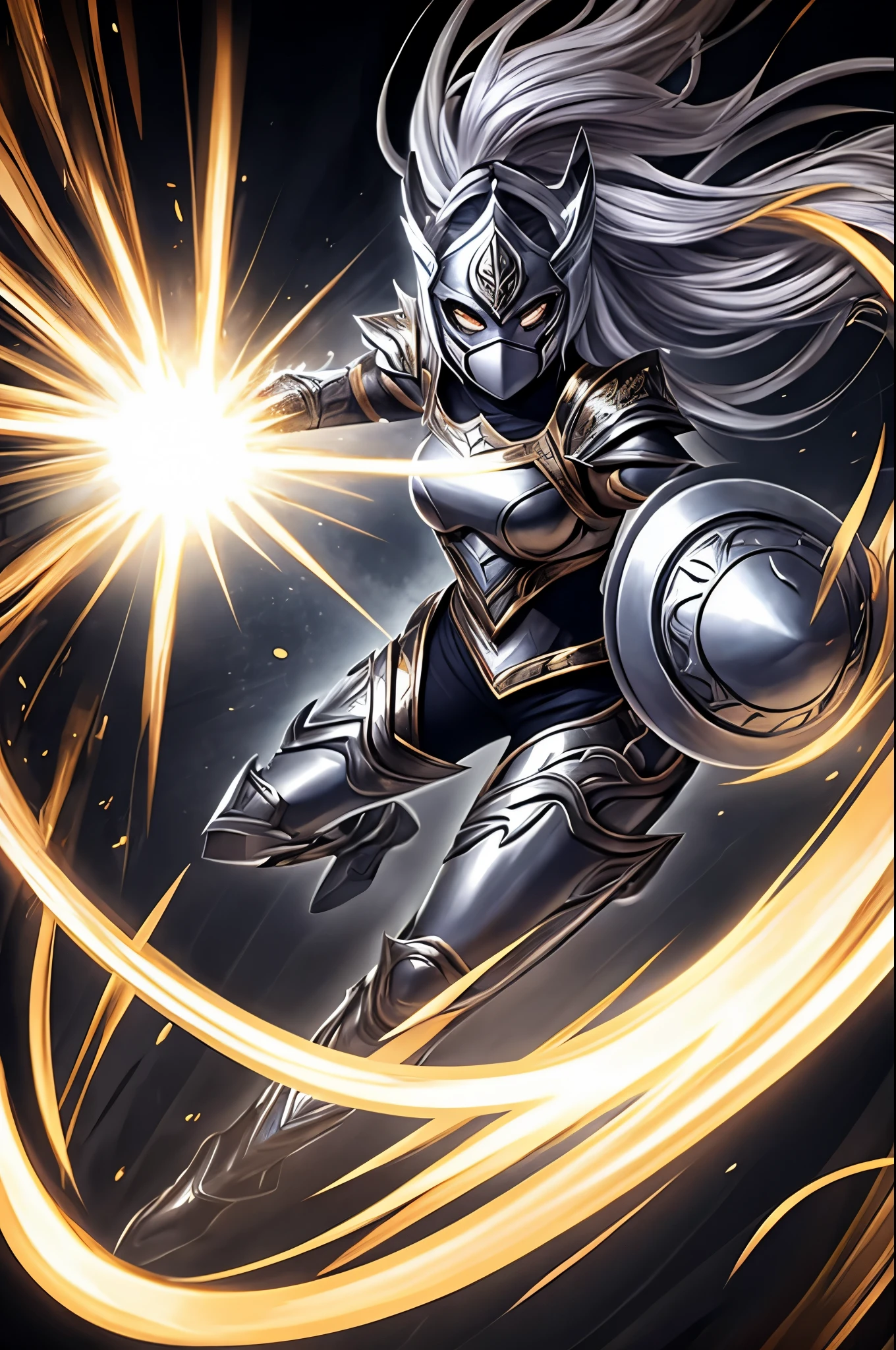 Silver female masked warrior overflowing power