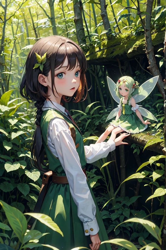 Little girl( 13 years old, In the woods, beautiful green, and there is a fairy at his side)