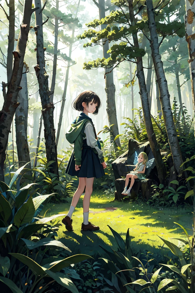 Little girl( 13 years old, In the woods, beautiful green, and there is a fairy at his side)