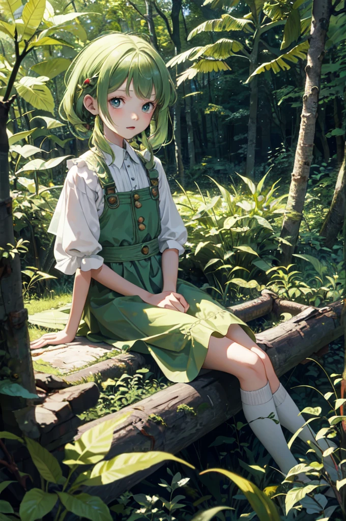 Little girl( 13 years old, In the woods, beautiful green, and there is a fairy at his side)