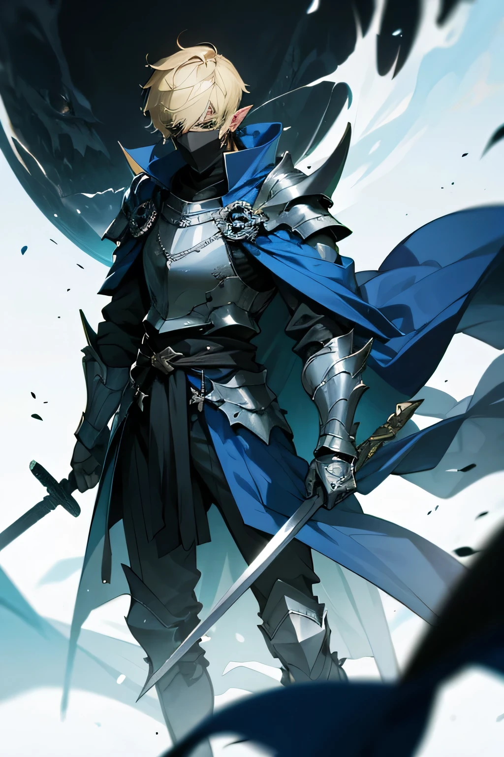 man, blond hair, short hair, green eyes, wears a mask that covers his entire face, only leaving his eyes and ears showing and his hair is also showing, pointy ears, wears a blue cloak with a contrasting black and has a symbol of a dragon with a white sword on it, he wears armor on his waist, the scene is a field full of swords stuck in him