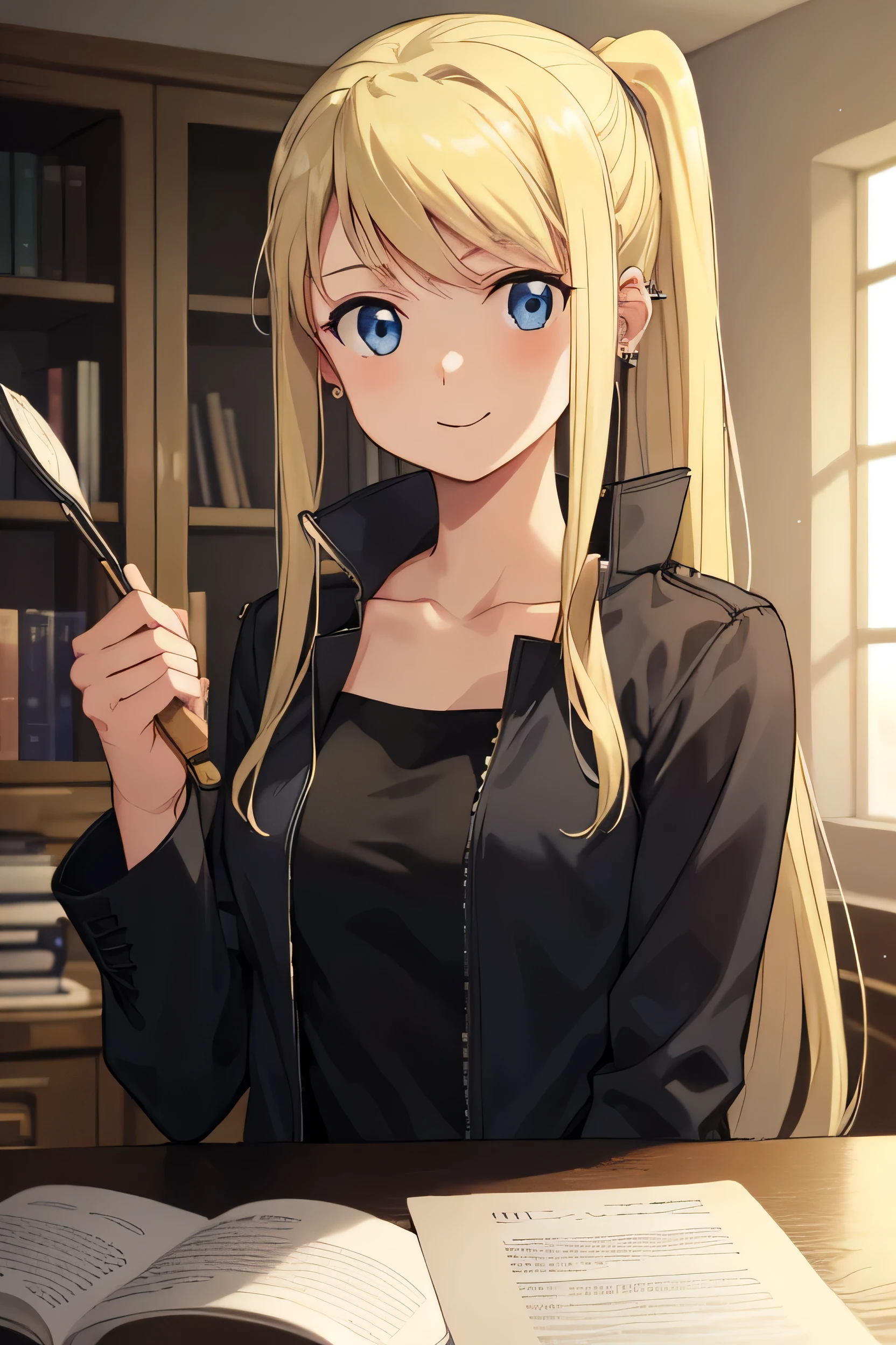 winry rockbell, winry rockbell, Blue eyes, bionde, BREAK shirt, Long sleeve, clavicle, Jacket, White shirt, ponytail, Side Lock, Earrings, open Jacket, black Jacket, Swept-apart bangs, BREAK indoors, BREAK looking at viewer, BREAK (masterpiece:1.2), Highest quality, High resolution, unity 8k wallpaper, (figure:0.8), (Beautiful attention to detail:1.6), Highly detailed face, Perfect lighting, Highly detailed CG, (Perfect hands, Perfect Anatomy),Pumelum, bionde, Long Hair, Upper Body, White collared shirt, hinterland, Figure Library, Looking at the viewer, smile、