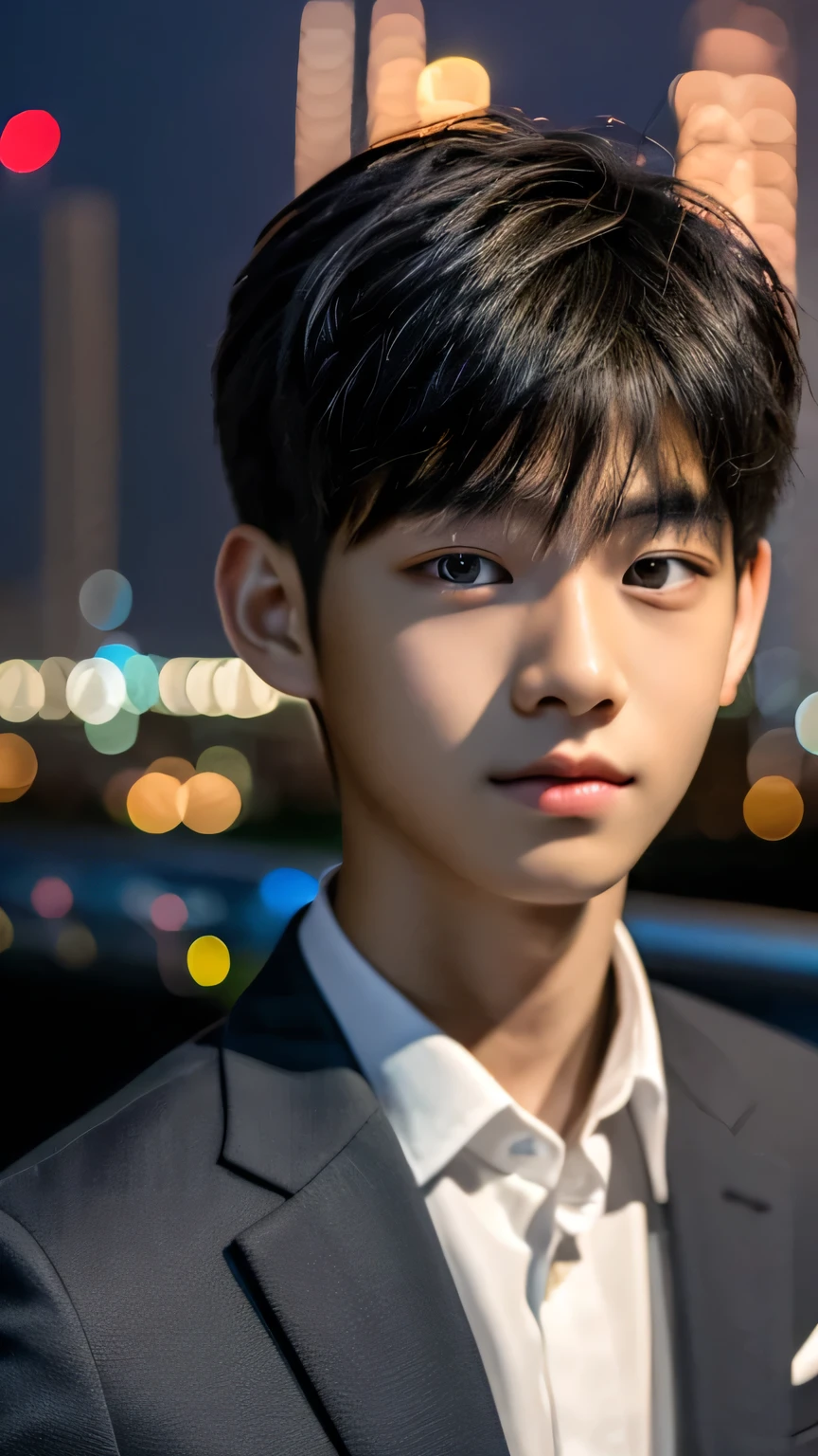 Highest quality, masterpiece, Ultra-high resolution, (Realistic: 1.4), Original photo, wallpaper, Head Photo, skin, Simple Background, Iris, detailed, Selfie, 1 boy, 18-year-old, good looking, Wind,suit、Night view
