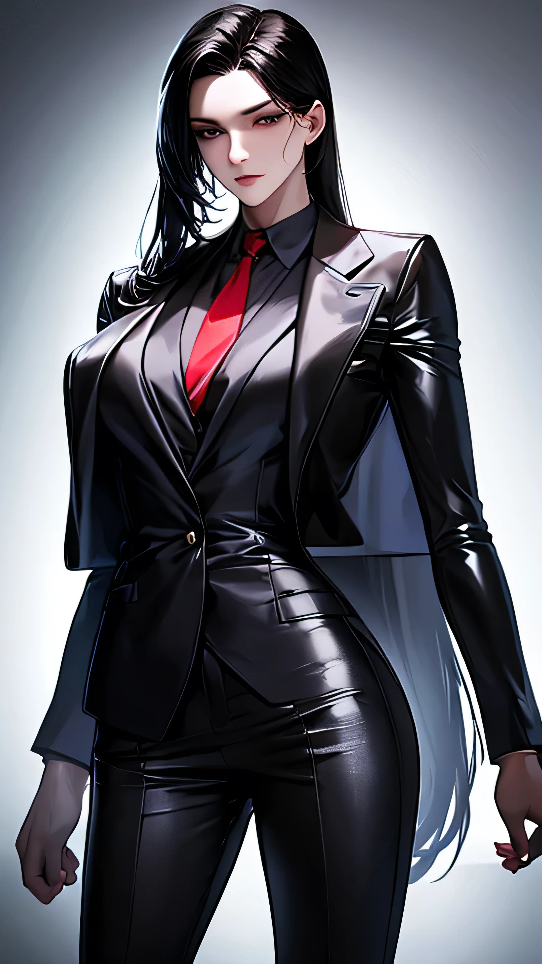 1 girl, 23 years old, long black hair, handsome face, business suit, red tie,long black pants, black leather gloves, high quality, masterpiece