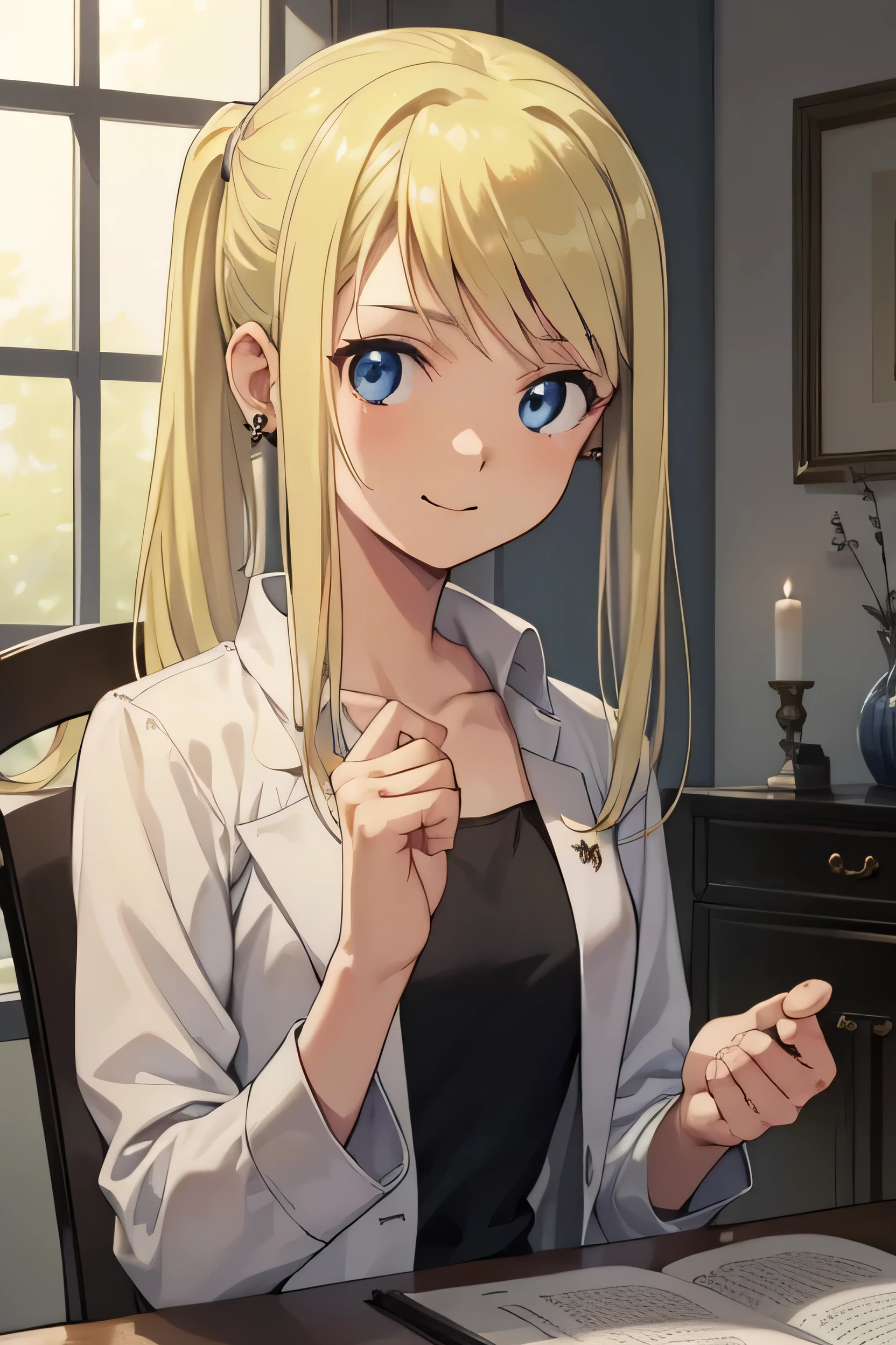 winry rockbell, winry rockbell, Blue eyes, bionde, BREAK shirt, Long sleeve, clavicle, Jacket, White shirt, ponytail, Side Lock, Earrings, open Jacket, black Jacket, Swept-apart bangs, BREAK indoors, BREAK looking at viewer, BREAK (masterpiece:1.2), Highest quality, High resolution, unity 8k wallpaper, (figure:0.8), (Beautiful attention to detail:1.6), Highly detailed face, Perfect lighting, Highly detailed CG, (Perfect hands, Perfect Anatomy),Pumelum, bionde, Long Hair, Upper Body, White collared shirt, hinterland, Figure Library, Looking at the viewer, smile、