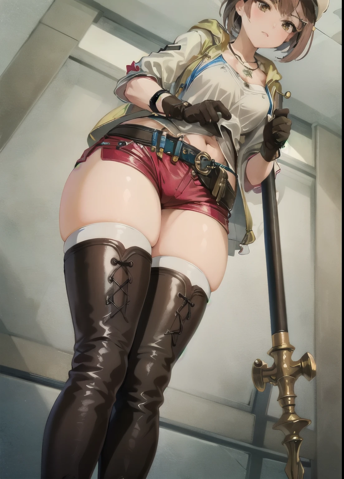 masterpiece, Highest quality, High resolution, Detailed face, Detailed Eyes, 1st Default, Liza, One girl, alone, Shorts, gloves, belt, Head Ribbon, jewelry, red Shorts, Brown Hair, Knee socks, short Shorts, Bridal Legwear, necklace, Brown eyes, 片手gloves, hair ornaments, Hair Clip, star necklace, Closed-toe footwear, leather, star (symbol), White Hat, brown gloves, boots, short hair, Thighs, leather belt, brown belt, leather gloves, blue belt, belly button, thigh boots, white Knee socks, clavicle, Brown footwear, Cleavage, Large Breasts, Outdoor, sunny, (Crotch up from below:1.5)