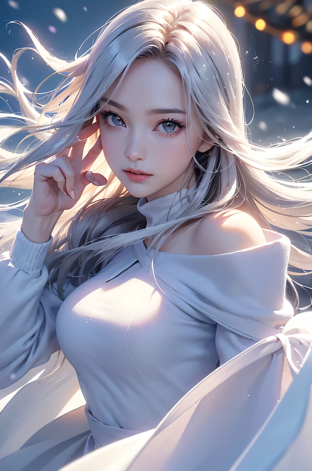 ((masterpiece:1.5、8k、Portraiture、Photorealistic and very detailed CG、Very detailed、Particle Effects、Dynamic Effects、Shallow depth of field、Cinematic Light、Lens flare、Ray Tracing、Tabletop、Realistic:1.4、Ultra-high resolution:1.2、Realistic、Realistic))((alone、,A woman wearing a cashmere coat over an off-the-shoulder dress:1.4、Elegant woman posing、Detailed face、brightexpression、young, bright, Whiter skin、Ample breasts、Best Looks、Ultimate beauty、Shiny silver hair with highlights、bright and shiny hair,、Super long, Silky straight hair、Hair dancing in the wind))(morning、The setting is outdoors in the snow、Surrounded by illuminations)