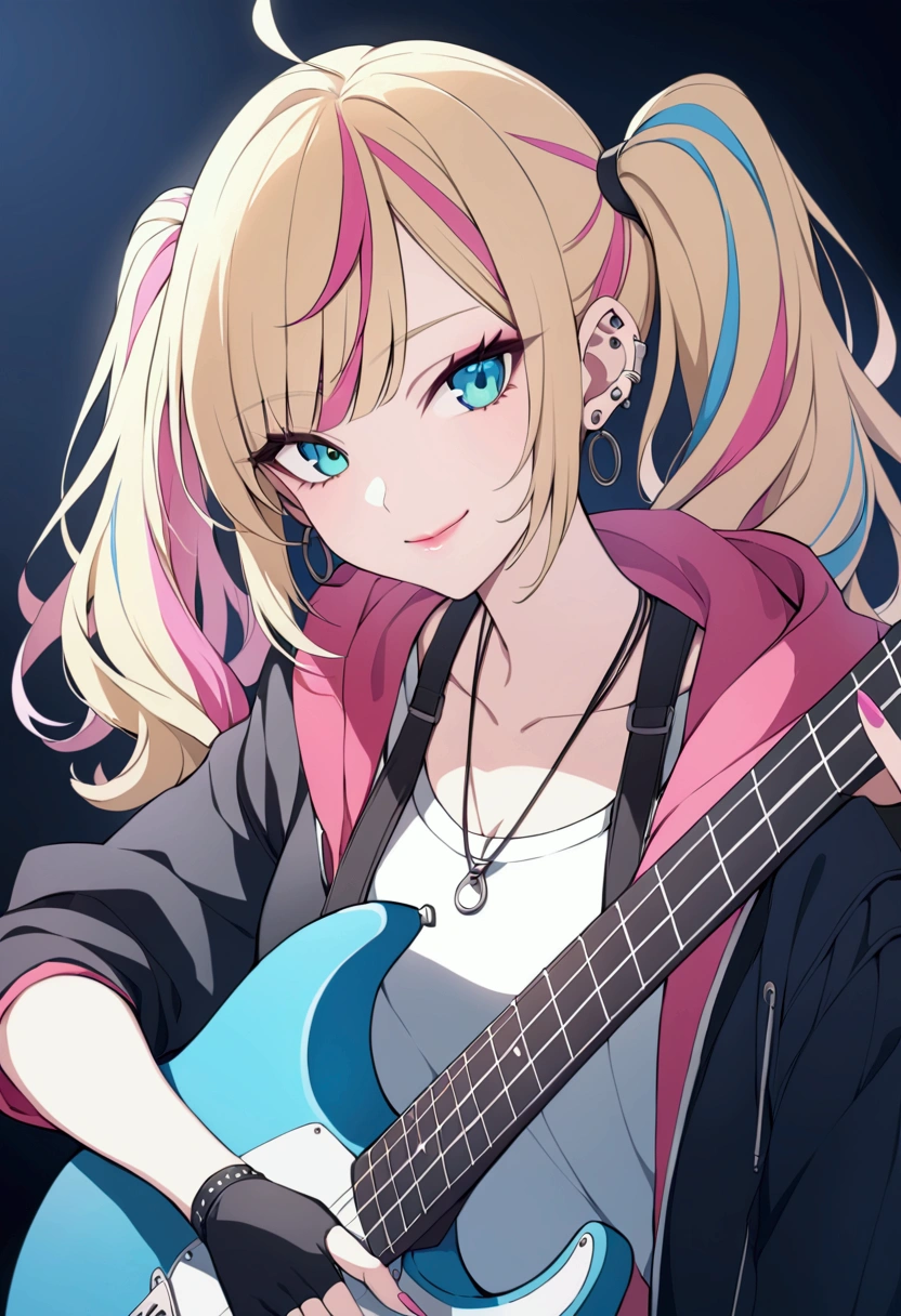 slender, mature female,rating:safe, 1girl, solo, blue_eyes, multicolored_hair, twintails, blonde_hair, over_shoulder, hood, jacket, looking_at_viewer, smile, hood_down, jewelry, streaked_hair, piercing, guitar, ear_piercing, bangs, holding, fingerless_gloves, collarbone, lipstick, hooded_jacket, eyelashes, instrument, earrings, open_jacket, blond_hair, eyeshadow, electric_guitar, hoodie, nail_polish, multicolored, short_hair, open_clothes, aqua_eyes, pink_hair, lips