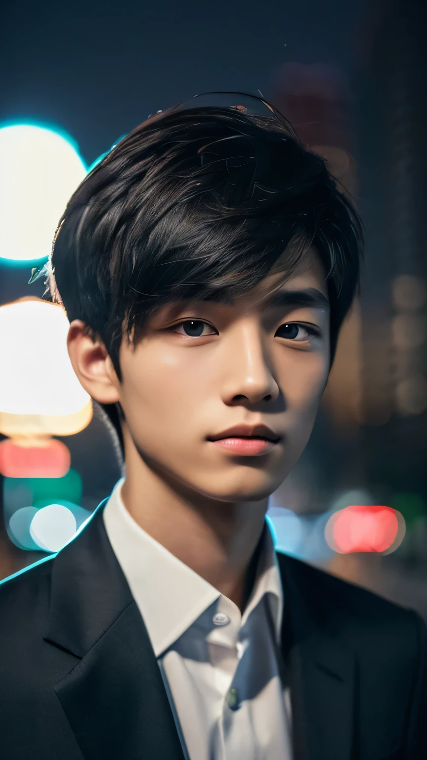 Highest quality, masterpiece, Ultra-high resolution, (Realistic: 1.4), Original photo, wallpaper, Head Photo, skin, Simple Background, Iris, detailed, Selfie, 1 boy, 18-year-old, good looking, Wind,suit、Night view