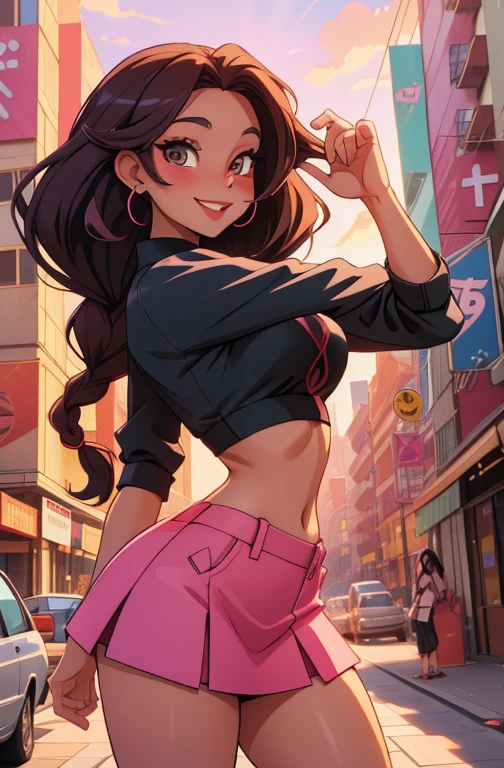 anime, 28 year old woman, taking a selfie, mischievous smile, long hair, dark hair color, stylish hairstyle, side hair long lush hair, long curls of hair pulled to the sides, Braids within the hair, curvy body, proportional body, sexy girl, beautiful mature girl, lovable character, crop top, short skirt, clarity, detailed, detailed face, very detailed drawing, smile, flirty look, city background,  saturated background, perfect composition, soft natural volumetric cinematic perfect light, masterpiece