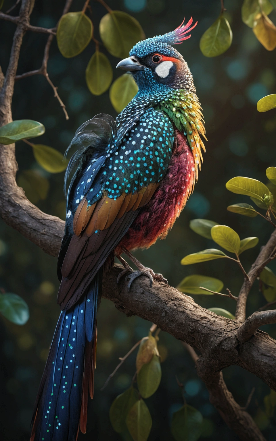 a majestic bird, long tail feathers,  with colorful polka dots, perched on a tree branch, anxious, anxious expression, full body, ultra-realistic cinematic image, canon r5 camera, 8k, photorealistic, intricate details, dramatic lighting, stunning colors.
