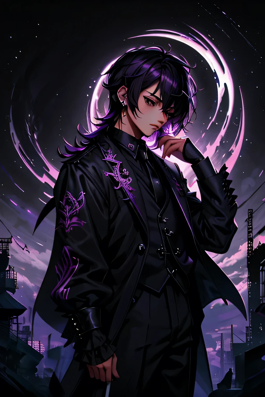 Anime style illustration of a boy, short dark purple hair, straight hair, messy bangs, black eyes, white shirt, black tie, black wide pants, ruffled clothes, headphones, eyebrow piercing, theater background, sheet music on the hand, violet aura. Whimsical, jrpg, charming, emotionally, detailed environment, fantastic, imaginative, visually rich, atmospheric, wide, flat lighting, 2D, Cartoon, vector, Art by Mschiffer, best quality, best resolution
