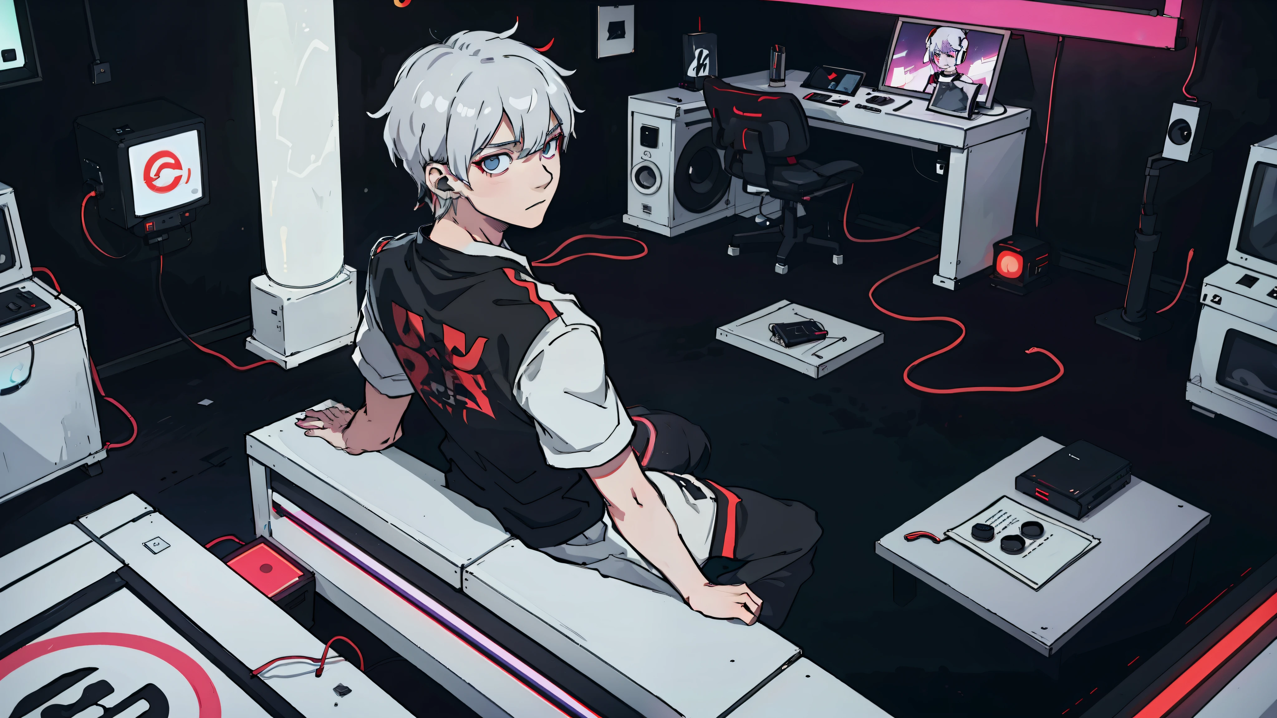 kaneki ken, White hair, Eyes red, black tee, pale skin, listening to music with headphones in room full of arcades, a room with a lot of singer poster, 80s style, With neon lights.
