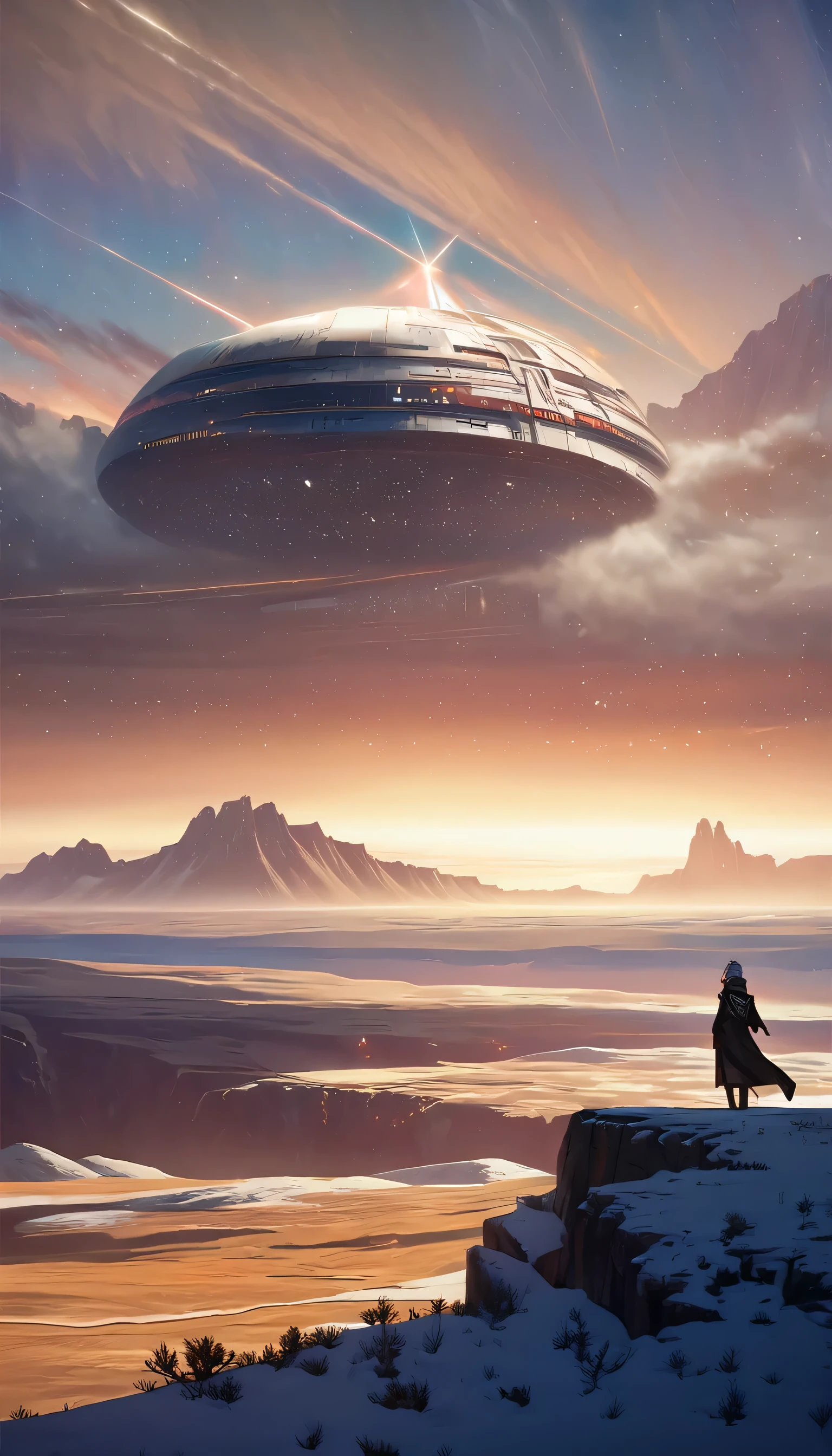 (Highest quality,High resolution,Very detailed,Realistic,High resolution,Studio Lighting,Bright colors,scenery,Portraiture,sf,Conceptual Artist,Star Wars),a breathtaking landscape scene with a Realistic depiction of a sf world inspired by the Conceptual Artist of Star Wars. This scene is full of stunning detail and vibrant colors., Expressing otherworldly beauty and grandeur. Vast mountains々and'Hall々The cliffs, With a unique combination of'Futuristic architecture and'Natural elements. The Studio Lighting enhances the depth and realism of the scene, Casts dramatic shadows、Highlighting the intricate details of the world. and otherses couleurs sont vives et dynamiques, A wide range of colors and hues to create a visually compelling experience. and others'The overall atmosphere is impressive and immersive, inviting viewers to explore and immerse themselves in this sf masterpiece.