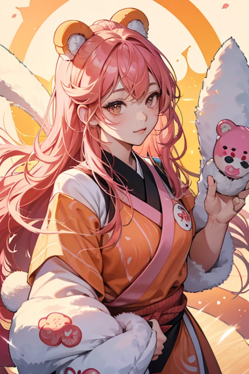 Suki Sake is a sushi girl bear made out of white rice with a basic squinting expression. sHe has a big slice of salmon on her head with wavy patterns. Her ears are pink and poke out from the salmon. SPARKLE; GLITTER