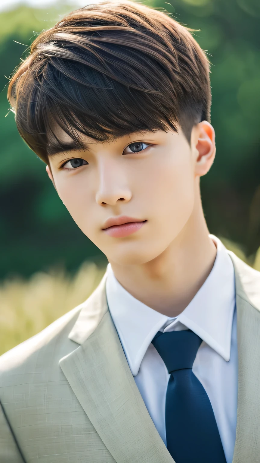 Highest quality, masterpiece, Ultra-high resolution, (Realistic: 1.4), Original photo, wallpaper, Head Photo, skin, Simple Background, Iris, detailed, Selfie, 1 boy, 18-year-old, good looking, Wind,suit、grassland