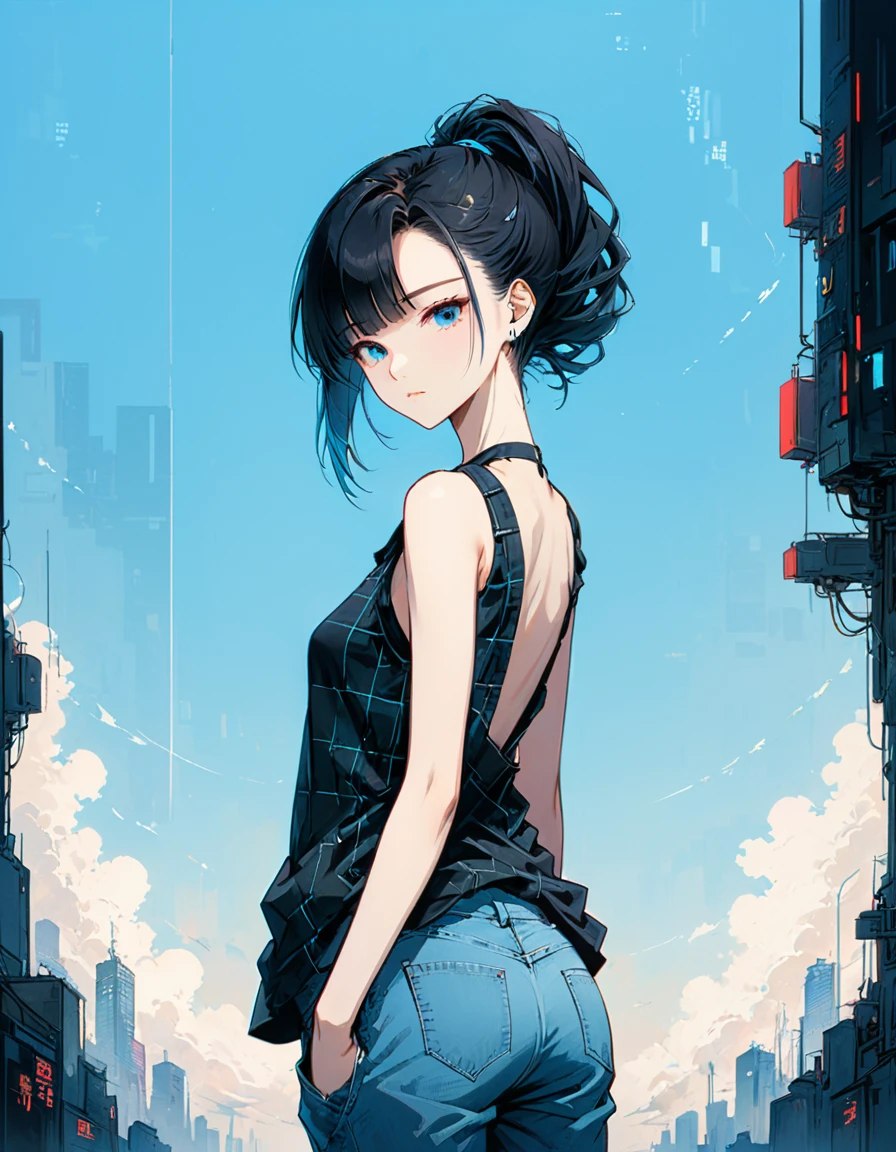 style of santiago caruso,1 Girl,Solitary,Blue Background,Oversized ,Hip-hop style,Black plaid sleeveless T-shirt,jeans,One hand behind your Back,Looking at the audience,(Soft and Straightforward Cyberpunk Hairstyle:1.5)发光的荧光head发,Simple style,Wide Angle,Dynamic Angle,Slanted screen composition,(Bangs_fixed_Back:1.5),(head_tilt:1.7),透过head发可以看到腮红