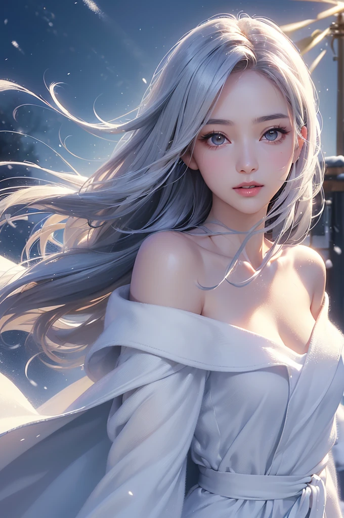 ((masterpiece:1.5、8k、Portraiture、フォトリアリスティックでVery detailedなCG、Very detailed、Particle Effects、Dynamic Effects、Shallow depth of field、Cinematic Light、Lens flare、Ray Tracing、Tabletop、Realistic:1.4、Ultra-high resolution:1.2、Realistic、Realistic))((alone、,A woman wearing a cashmere coat over an off-the-shoulder dress:1.4、Elegant woman posing、Detailed face、bright表情、young, bright, Whiter skin、Ample breasts、Best Looks、Ultimate beauty、Shiny silver hair with highlights、bright and shiny hair,、Super long, Silky straight hair、Hair dancing in the wind))(morning、The setting is outdoors in the snow、Surrounded by illuminations)Wear warm clothes
