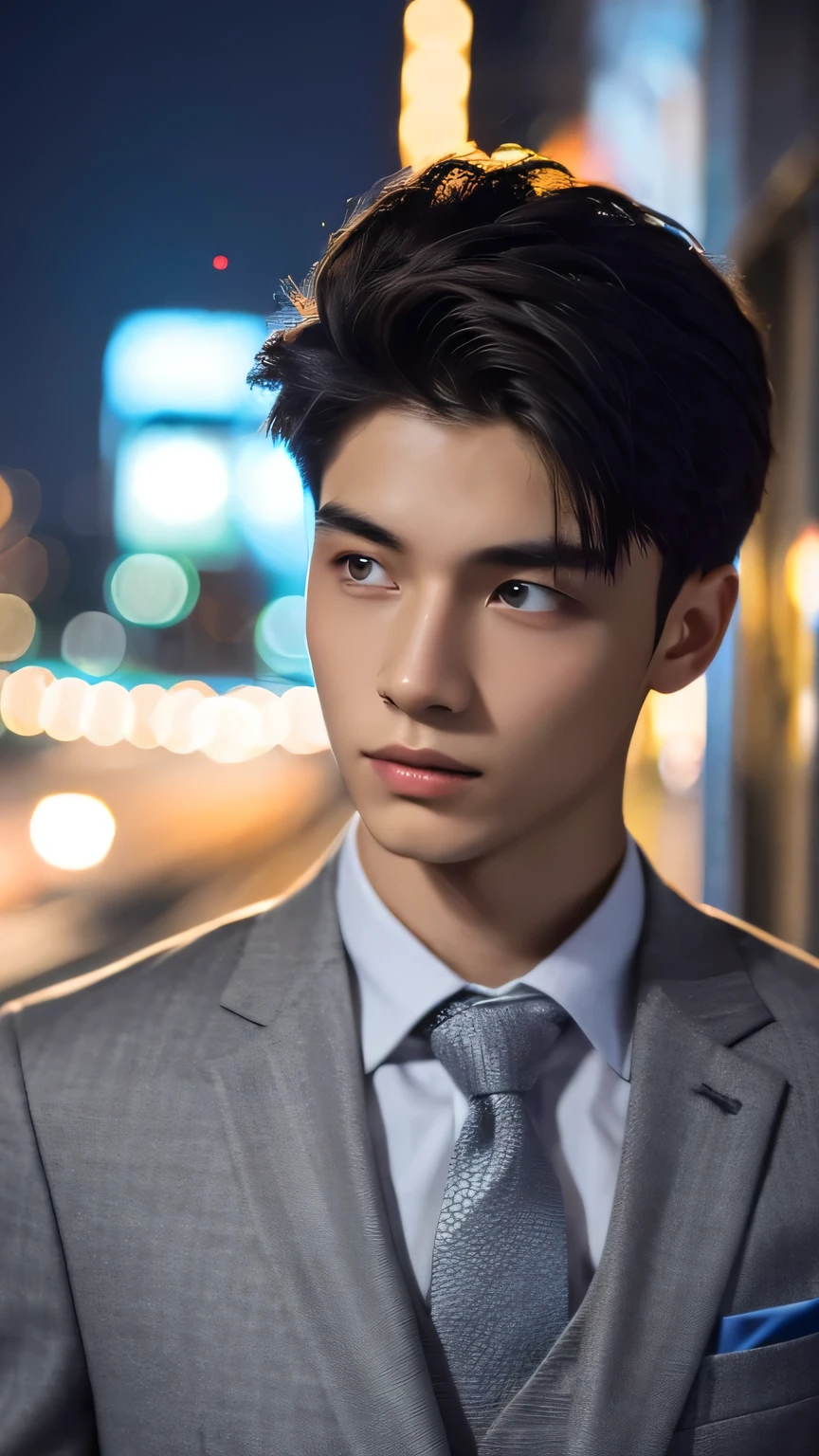 Highest quality, masterpiece, Ultra-high resolution, (Realistic: 1.4), Original photo, wallpaper, Head Photo, skin, Simple Background, Iris, detailed, Selfie, 1 boy, 18-year-old, good looking, Wind,Grey suit、Night view