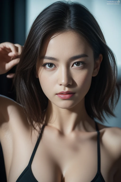 Create a (( mid-shot )) photorealistic image of a beautiful Asian woman with fair, smooth, flawless skin. She has large, round, sparkling eyes with naturally long and curled eyelashes, and well-defined, dark eyebrows. Her nose is straight and high, and her naturally pink, soft lips form a gentle smile. She has short, slightly curled brown hair that highlights her delicate facial features. Her face is oval-shaped, with a wide and high forehead, moderately high cheekbones, and a pointed, slender chin. She ((dark black fabric bra and biker jacket)),(
