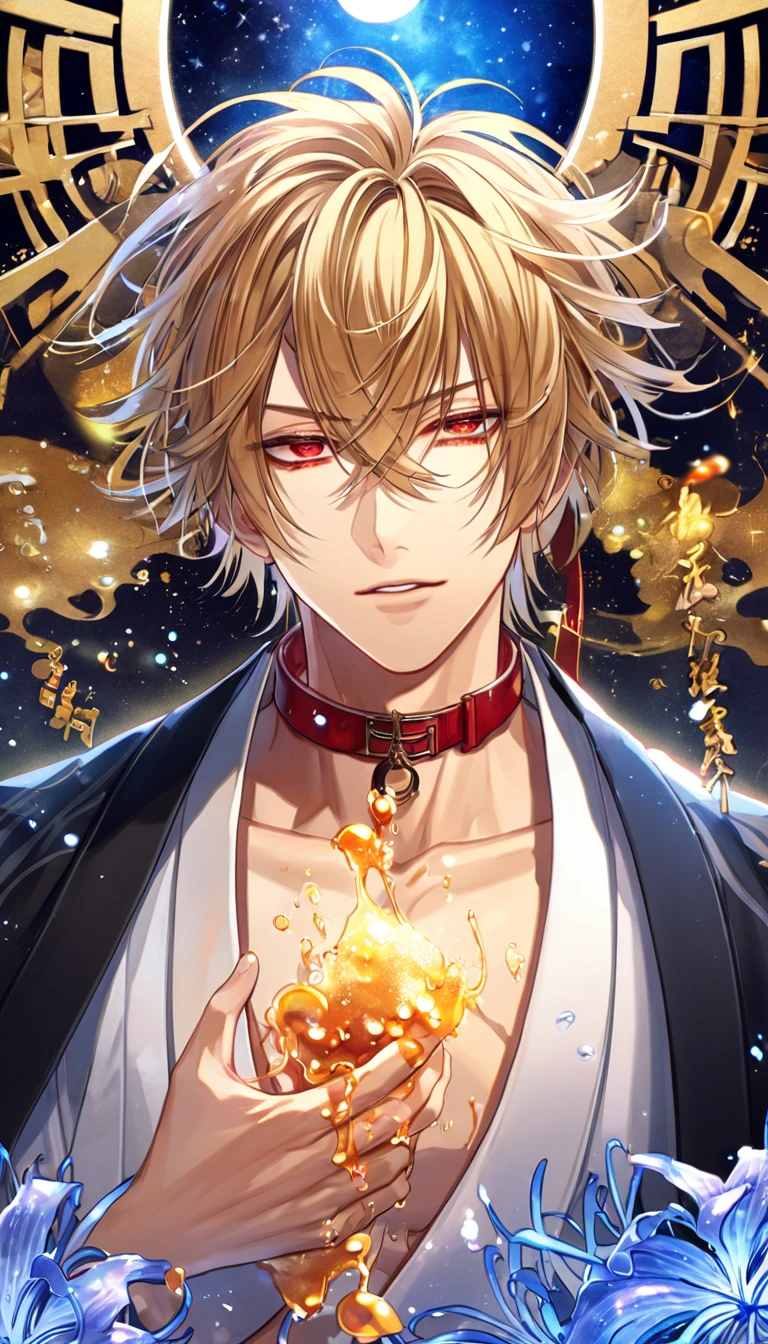 absurdres, highres, ultra detailed, HDR, master piece, best quality, extremely detailed, Kazama Chikage, honey blonde hair, messy hair, expressive red eyes, Hakuouki, solo, sexy man, handsome, sensual, black haori, white kimono, brown and red collar, fantasy, water, sparkling, blue glittering fireflies, blue moon, blue blossoms, blue spider lilies, blue sparkling lights, starry sky, magical