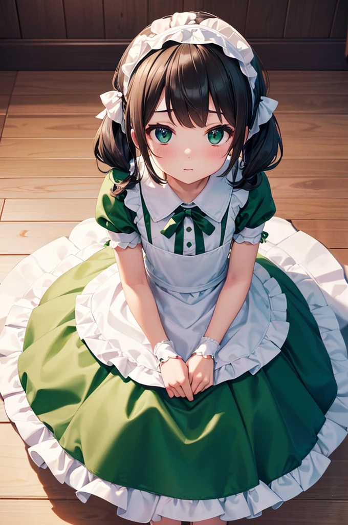 Tabletop, Highest quality, shape, Very detailed, In detail, High resolution, 8k wallpaper, Perfect dynamic composition, ((close:1.3, From above, View your audience)), Beautiful details , (Wearing cotton maid clothes, , Cute Ruffle Girl Dress, Maid's headband, The base color is white、black、green),Twin tails