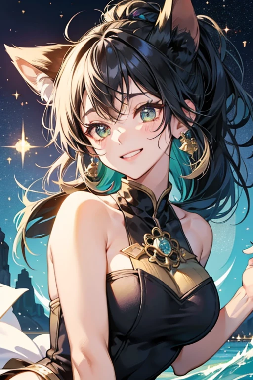 A ball of rice wrapped in seaweed with a piece of fatty tuna on top of her to match her ears. She has an excited expression. SPARKLE; GLITTER