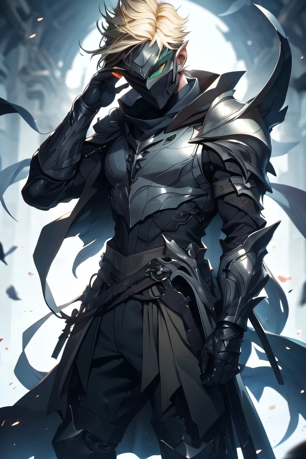 man, blond hair, short hair, green eyes, wears a mask that covers his entire face, only leaving his eyes and ears showing and his hair is also showing, pointy ears, wears a blue cloak with a contrasting black and has a symbol of a dragon with a white sword on it, he wears armor on his waist, the scene is a field full of swords stuck in him