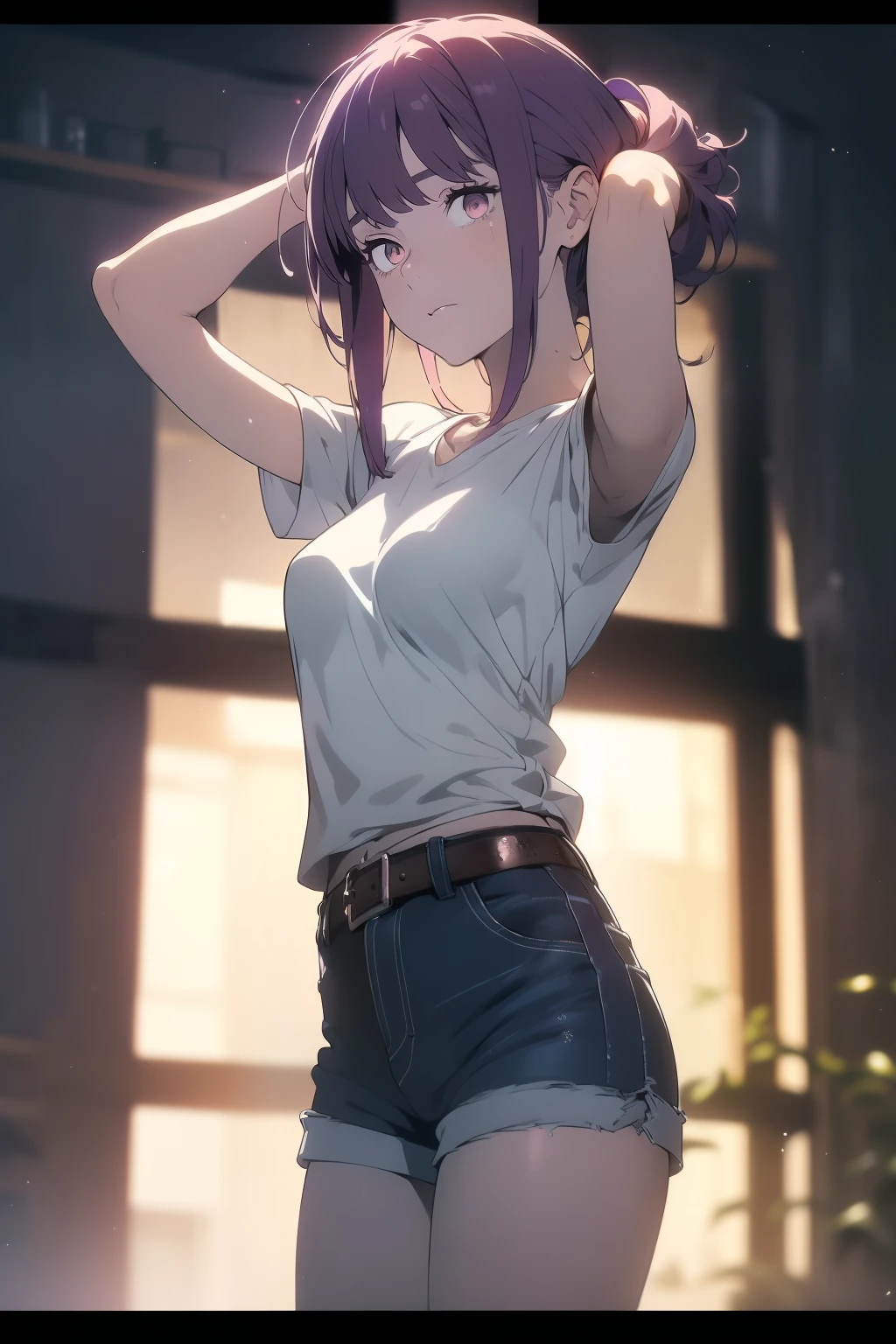 (((Obra maestra, La mejor calidad, ultrahigh resolution))), ((expressive brown eyes)), a clear view of a happy looking girl standing in a club waiting for someone)), (white t-shirt,blue jean shorts, belt, purple wolf cut hair, long dark purple hair), pale skin, ((brown eyes)), (glowing_eyes), ((centered)), ((wide shot)), facing viewer, ((indoor , purple and black lights, black dancing silhouettes:0.9)), medium breasts, looking at viewer, ((perfect hands)), (((head:1, arms, hands, elbows, thighs, in view))), lively eyes, beautiful lighting, background, ((defined subject)), 25 years old, (((cool))), ((lively)), (((reserved pose))), ((perfect anatomy))