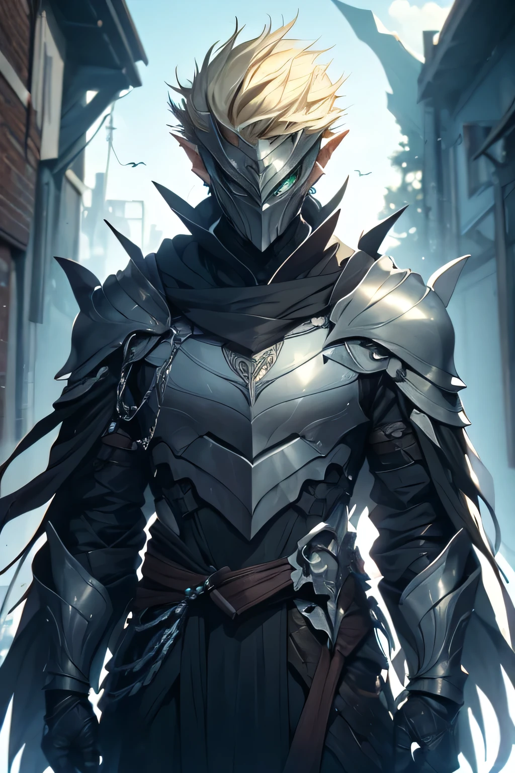 man, blond hair, short hair, green eyes, wears a mask that covers his entire face, only leaving his eyes and ears showing and his hair is also showing, pointy ears, wears a blue cloak with a contrasting black and has a symbol of a dragon with a white sword on it, he wears armor on his waist, the scene is a field full of swords stuck in him
