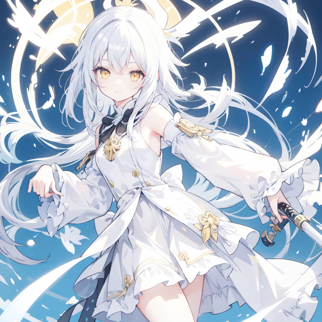 Dressed in white、Black anime girl with white hair, Yellow eyes, With sword, Genshin Impact Style