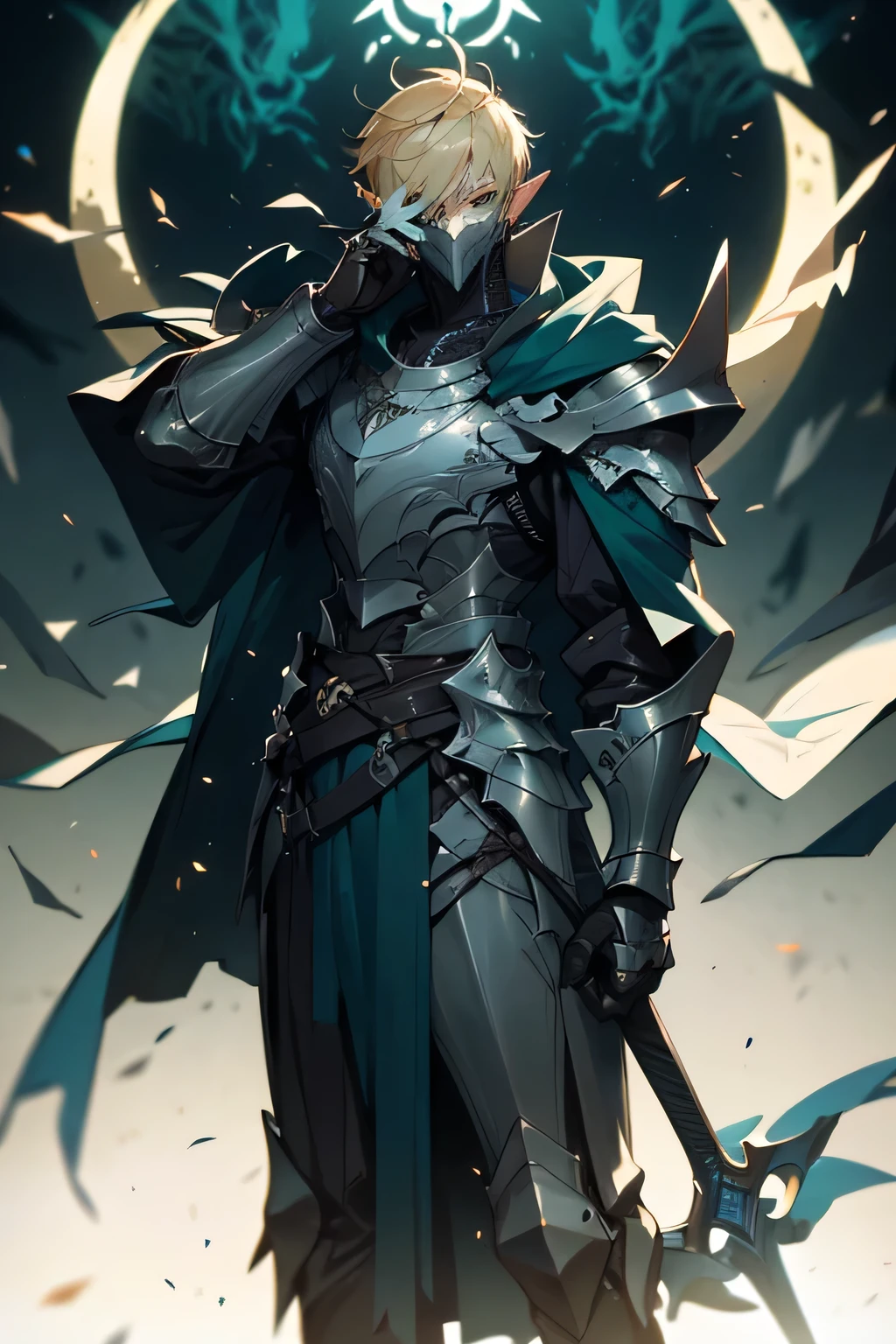 man, blond hair, short hair, green eyes, wears a mask that covers his entire face, only leaving his eyes and ears showing and his hair is also showing, pointy ears, wears a blue cloak with a contrasting black and has a symbol of a dragon with a white sword on it, he wears armor on his waist, the scene is a field full of swords stuck in him